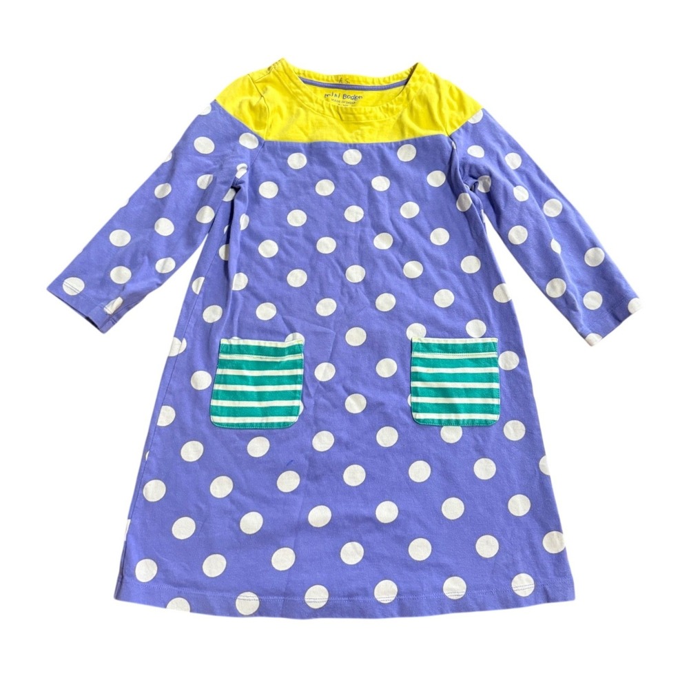 Mini Boden Girls Purple Polka Dot Yellow Colorblock Dress Pockets 9-10Y